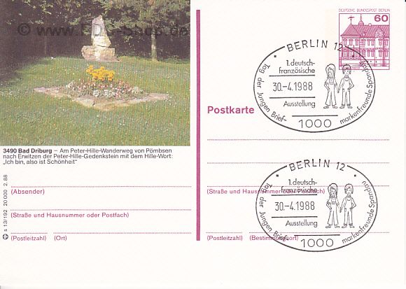 Ganzsache BERLIN Mi-Nr: 611, Freimarken Burgen und Schlösser (Sonderstempel Tag der jungen Briefmarkenfreunde Spandau 30.04.1988) Ganzsache BERLIN Mi-Nr: 611, Freimarken Burgen und Schlösser (Sonderstempel Tag der jungen Briefmarkenfreunde Spandau 30.04.1988)