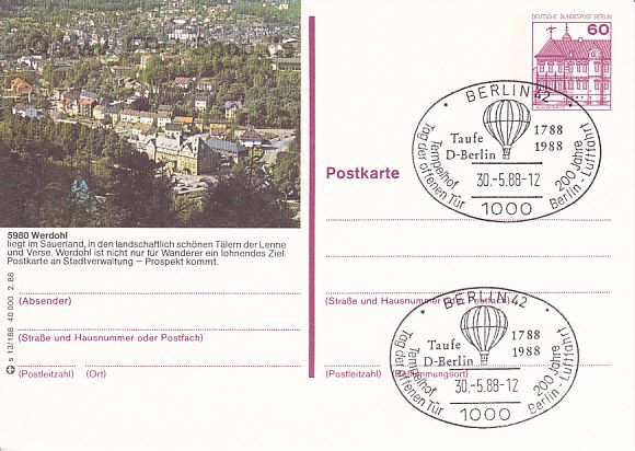 Ganzsache BERLIN Mi-Nr: 611, Freimarken Burgen und Schlösser (Sonderstempel Tag der offenen Tür Tempelhog, 30.05.1988) Ganzsache BERLIN Mi-Nr: 611, Freimarken Burgen und Schlösser (Sonderstempel Tag der offenen Tür Tempelhog, 30.05.1988)