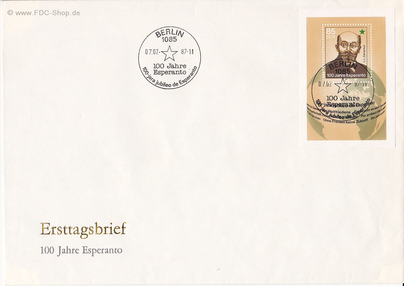 Ersttagsbrief DDR Mi-Nr: 3106, 100 Jahre Esperanto (Block 87)