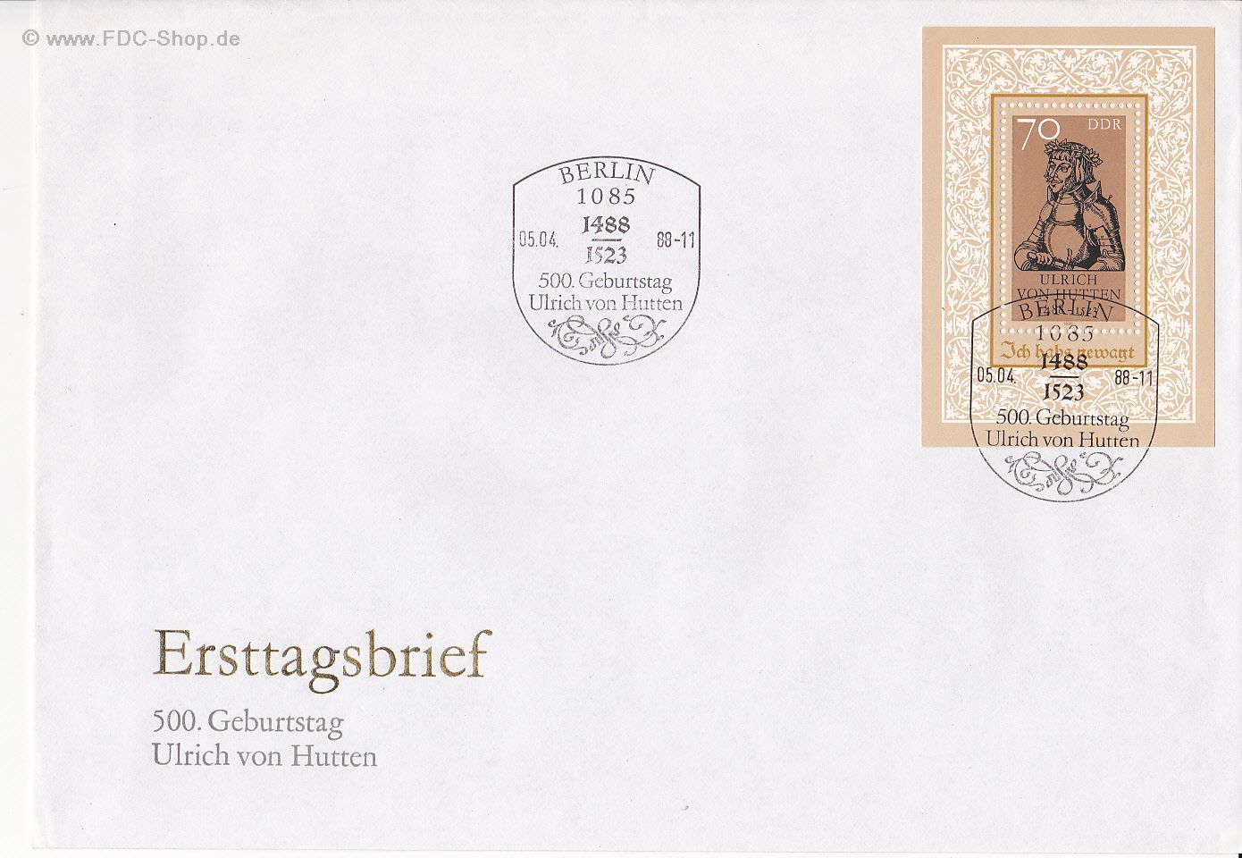 Ersttagsbrief DDR Mi-Nr: 3167, 500. Geburtstag von Ulrich von Hutten (Block 93) Ersttagsbrief DDR Mi-Nr: 3167, 500. Geburtstag von Ulrich von Hutten (Block 93)