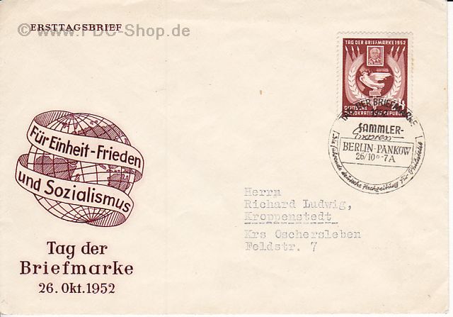 Ersttagsbrief DDR Mi-Nr: 319, Tag der Briefmarke 1952 Ersttagsbrief DDR Mi-Nr: 319, Tag der Briefmarke 1952